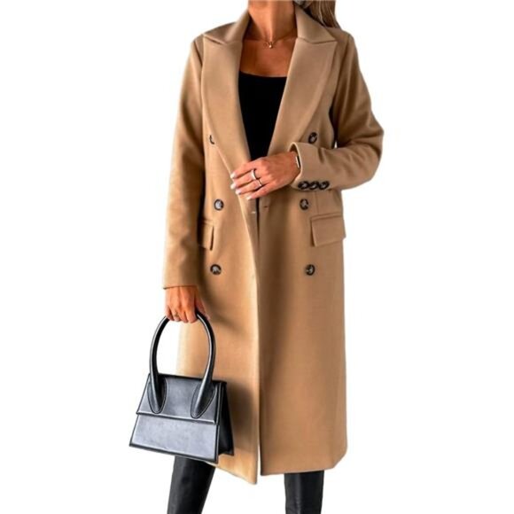 Womens Long Wool Coat Double Breasted Trench Coat Khaki - Picture 1 of 4